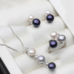 Necklaces Trendy 925 Silver Natural Freshwater Pearl Necklace And Earrings Set With Ring White Black