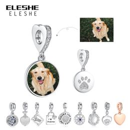 Strands ELESHE Custom Photo Bead 925 Sterling Silver Pet Cat Dog Round Dangle Charm Fit Original Bracelet DIY Personalised Jewellery