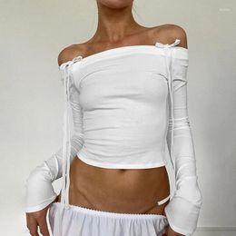 Women's T Shirts CUTENOVA Women Off Shoulder Long Sleeve Autumn Y2K Elegant White Crop Tops Skinny Strapless Casual Basic Tees Bow