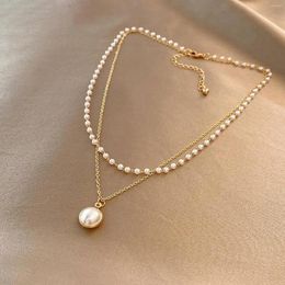 Chains 1 Set Of White Large Pearl Multi-layer Retro Style Women's Titanium Steel Plated 18k Gold Necklace