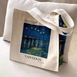 Bags Poetry Lifes Van Gogh Starry Night Over the Rhone Thick Cotton Canvas Popular Style Zipper Single Shoulder Shopping Tote Bag