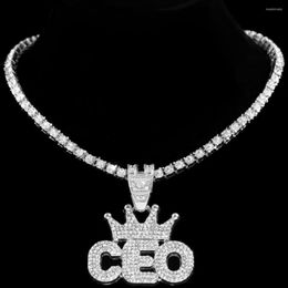 Chains Bling Full Rhinestone Crown Letter CEO Pendant Necklace For Men Women 5MM Iced Out Crystal Chain Hip Hop Jewelry237H