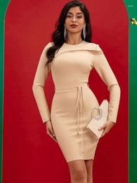 Casual Dresses Long Sleeve Bandage Dress Women Party Bodycon Elegant Beige Tie Wasit Sexy Birthday Evening Club Outfits 2024