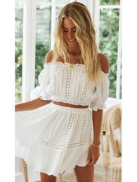 Summer Two Piece Sets Women Bohemian Casual Beach Skirts 2Pcs Lace Off Shoulder Crop Tops and Short Pleated Skirt 240408