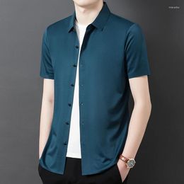 Men's Casual Shirts 2024 Summer Seamless Silk Mens Dress Luxury Short Sleeve Solid Colour Smart Male Simple Slim Man 4XL