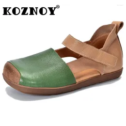 Sandals Koznoy 2.5cm Genuine Leather Soft Rubber Soled Flats Leisure Shallow Ballet Square Toe Ladies Moccasins Summer Comfy Women Shoes