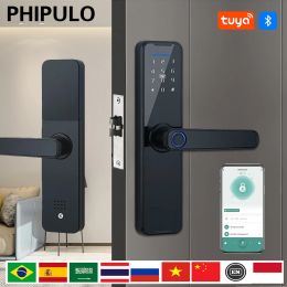 Control PHIPULO Tuya Electronic Smart Door Lock With Biometric Fingerprint / Smart Card / Password / Key Unlock/ USB Emergency Charge