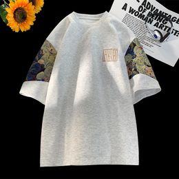 Trendy Bear Embroidery Tshirt Summer Big Size Men Fashion Splicing Tshirts Casual Seven Sleeve T-shirt Man Women Tee Tops 240421