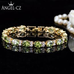 Dubai Yellow Gold Colour Jewellery Oval Olive Green Crystal Connect Bling CZ Classy Ladies Bracelet Bangle For Women AB079 Link Chai292u