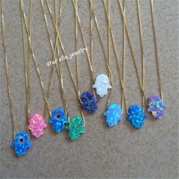 Necklaces 1pc Box Chain Synthetic Opal Fatima Hand Nekclace Opalo Hamsa Necklace Jewellery Gift for Women and Girl