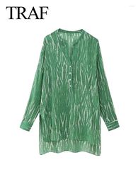 Women's Blouses Summer Thin Fashion Green Striped Loose Shirt Vintage V Neck Button Strap Lined Ladies Casual Long Top