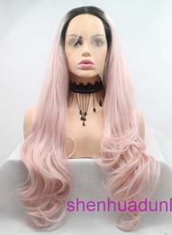 HD Body Wave Highlight Lace Front Human Hair Wigs For Women New product black raised Colour pink large wave long curly hair semi hand woven wig with synthetic lace fron