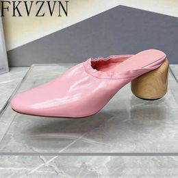 Slippers Round High Heels Mule Fashion Leather Shoes For Women Slip On Sandals Candy Colors Elastic Woman