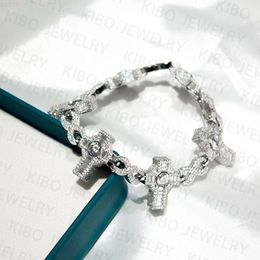 Hiphop Men Faction Jewellery Sterling Silver 925 Iced Out Vvs Baguette Moissanite Diamond Beaded Cross Bracelet Men