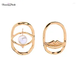 Stud Earrings Banny Pink Hiphop Metal Geometric For Women Asymmetric Imitation Pearl Eye Mouth Post Minimalist Jewellery