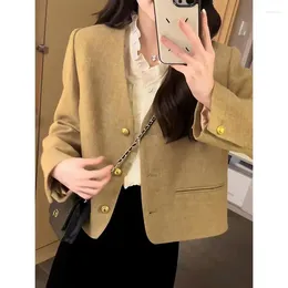 Women's Suits Insozkdg Blazer Women 2024 Spring Autumn Vintage Short Coat Jacket Metal Buttons V Collar Outerwears French Style Tops
