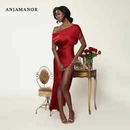 Party Dresses ANJAMANOR Red Satin Asymmetrical Split Dress Elegant Sexy Cowl Neck Backless Long Summer Clothes Women 2024 D66-CG12