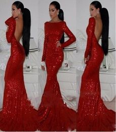 Open Back Long Sleeve Mermaid Prom Dresses 2018 New Scoop Neck Sweep Strain Sequined Sexy Formal Evening Dress Party Gowns Custom 8370385