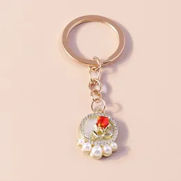 Keychains Aihua Exquisite Gold Colour Crystal Pearl Cameo Rose Flower Keychain For Women DIY Handmade Handbag Pendant Vintage Jewellery Gifts