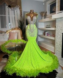 Lemon Green Feathers Train Crystal Mermaid Rhinestone Prom Dress For Black Girls African Birthday Party Guest Gown robe