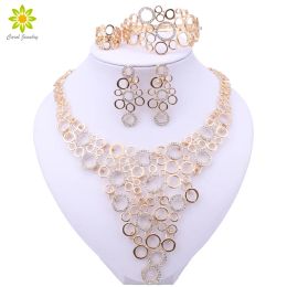 Strands African Costume Jewellery Sets Gold Colour Women Dubai Choker Crystal Necklace Earrings Ring Bracelet Party Wedding Accessories
