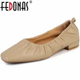 Dress Shoes FEDONAS Women Pumps Low Heels Genuine Leather Square Toe Mature Pleated Office Lady Working Woman Spring Summer Basic 2024