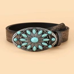 Waist Chain Belts Vintage Printing PU Belts For Women turquoise Stone Buckle Luxury Designer Pu Leather Belts Spring Summer Dress Shirt Jeans Belt Y240422