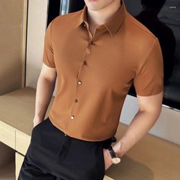 Men's Casual Shirts Summer Men Shirt Breathble High Stretch Short Sleeve Slim Fit Korean Wafflour Draped Embroidered Male Coffee 2024
