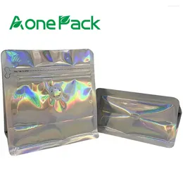 Storage Bags 25pcs Custom Printed Holographic Zipper Mylar Flat Bottom Coffee Bean With Valve And For Tea Packaging 4oz 8oz 16oz