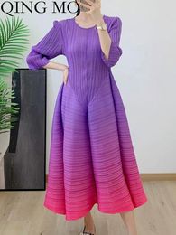 Casual Dresses QING MO Round Necked 3/4 Sleeve Pleated Gradient Dress Women 2024 Spring Summer Outer Single Lantern ZXF4876