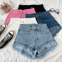 S-5XL Women High Waist Denim Shorts Loose Wide Leg Tassel Raw Edge Pants Summer Plus Size Female Sexy Mini Jeans 240418