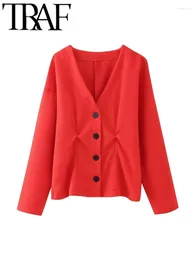 Women's Knits GAL 2024 Spring Elegant Mujer Red Knitted Cardigans Dropped Shoulder Long Sleeves V Neck Ruched Sweater Jacket Female