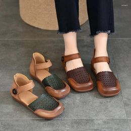 Sandals Johnature Retro Genuine Leather Mixed Colors 2024 Summer Hollow Breathable Square Toe Soft Sole Women's Flat Shoes