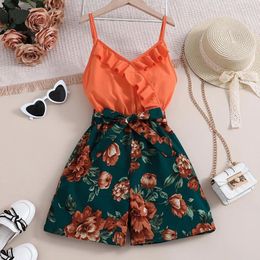 Clothing Sets Fashion For 8-11Ys Kids Outfit Vintage Orange Camisole Retro Floral Print Jumpsuit Girls Pastoral Style Daily Casual Holiday