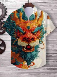 Men's Casual Shirts Chinese New Year mens shirt fashion lapel collar short sleeved top with cool dragon print mens street shirt hip-hop clothing yq240422