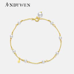 Strands ANDYWEN 100% 925 Sterling Silver 4mm Pearl Chain Bracelet End Parts 6MM Peal Chain Women Silver Bracelet 2024 Spring Valentien's