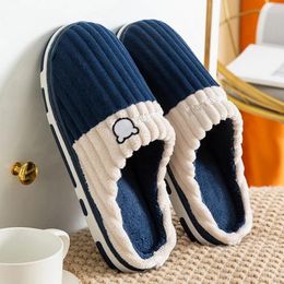 Slippers Men Winter Warm Cotton Home Wear-Resistant Stripe Non-Slip Indoor Slides Couple Women Shoes Classic Men's