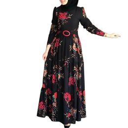 Clothing Muslim Abaya Dress Women Vintage Ethnic Floral Print Belt Maxi Kaftan Robe Long Sleeve Casual Long Dresses Party