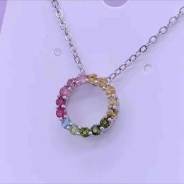 Necklaces 925 Silver Natural Real Colourful Tourmaline Circle Pendant With Sterling Silver Chain Necklace Men Women Jewellry
