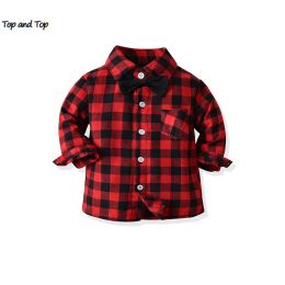 T-shirts top and top Autumn Winter Toddler Boys Plaid Gentleman Shirts Tops Kids Boy Long Sleeve Bowtie Lapel Blouse Children Costume