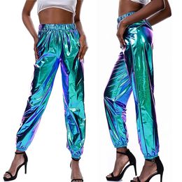 Womens Pant High Waist Metallic Shiny Jogger Casual Holographic Color Streetwear Trousers Women Fashion Smooth Reflective Pants 240420