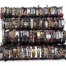 Bracelets HOQIAGA 100pcs leather bracelets men women Genuine vintage punk rock retro couple handmade cuff wristband wholesale lots bulk