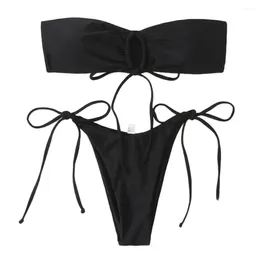 Women's Swimwear Sexy Women Bikini Set Round Ring Bandeau Padded Bra Lace-up High Waist Briefs Split Design 2Pcs/Set