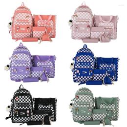 School Bags Suitable For Girls' Schoolbag Set Plaid Printing Large-capacity Five-piece Backpack Primary And Middle Students