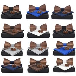 3D Wooden Tie Square Cufflinks Fashion Bow Wedding Handmade Set 240412