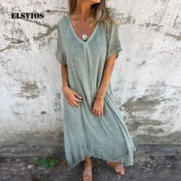 Party Dresses Summer Loose Casual Solid Colour Cotton And Linen Dress Fashion Short Sleeve V Neck Mid Waist Elegant Female Skirts