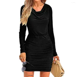 Casual Dresses Sparkling Dress Bodycon Mini Chic Cowl Neck Long Sleeve Ruched Club Cocktail Wedding Guest Attire Women