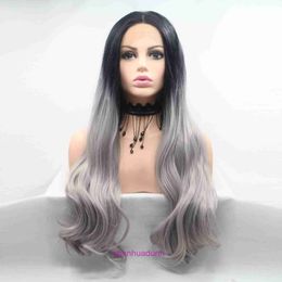 HD Body Wave Highlight Lace Front Human Hair Wigs For Women lace synthetic wig headband with gradient gray curly hair and high-temperature silk half hand hook