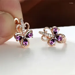 Hoop Earrings Charm Plant Flower For Women Vintage Gold Colour Purple Zircon Wedding Jewellery