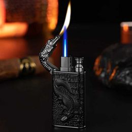 Lighters Cool Double Flame Gas Lighter Three-dimensional Relief Metal Crocodile Shape Cigarette Lighter Personalized Creativity T240422